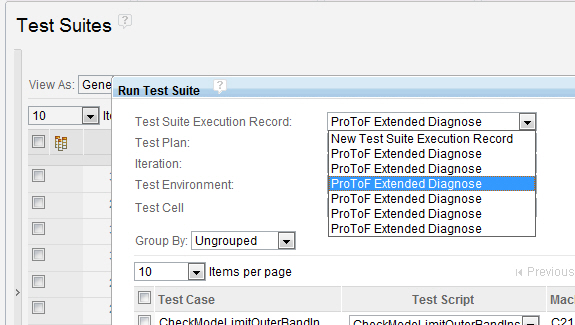 Drop down list with identical test suite execution records
