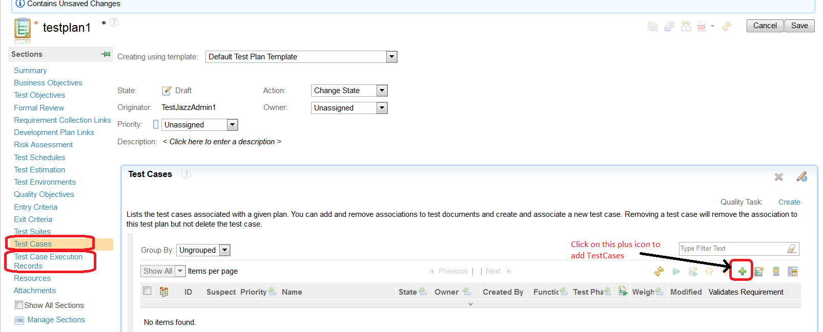 TestCases and TCER sections of TestPlan editor