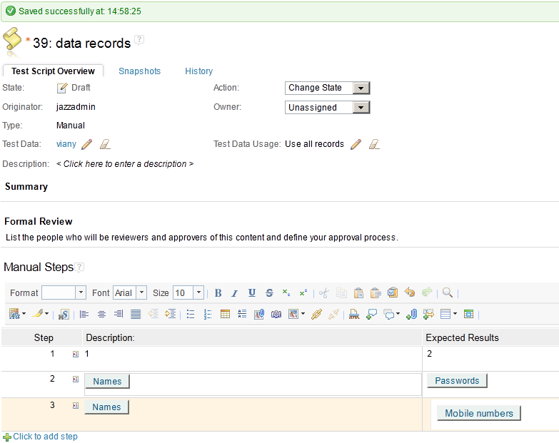 test data as expected values