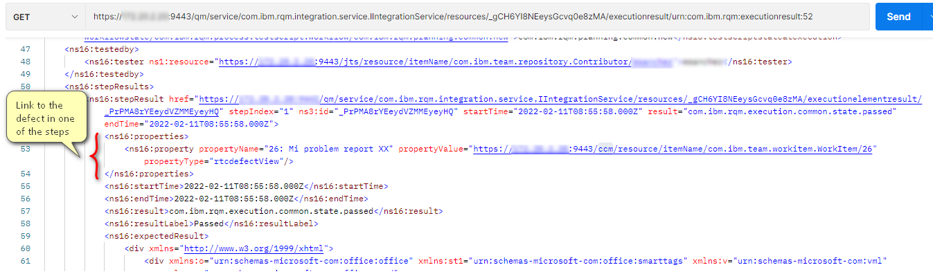 Same execution result reported via OSLC API in XML format