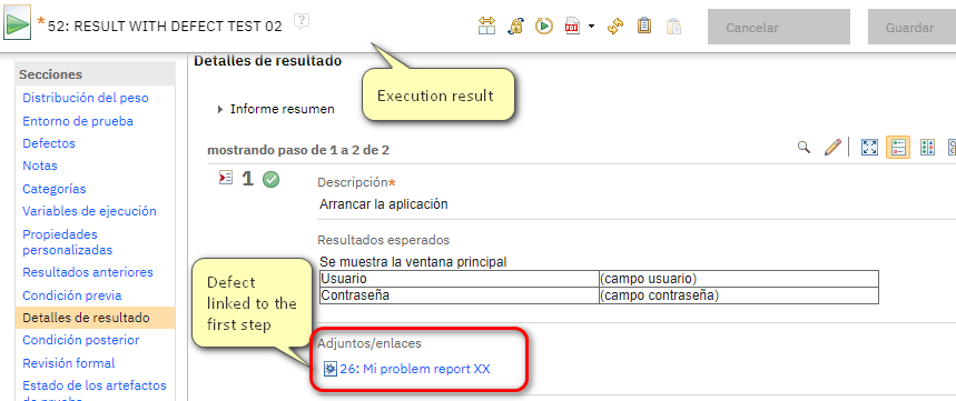 Screenshot of Jazz interface showing an execution result with a defect linked to one of the steps