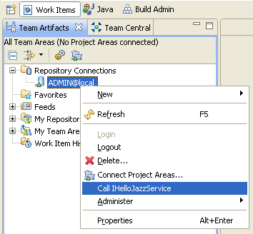 invoking the "Call IHelloJazzService" context-menu action in the Team Artifacts view