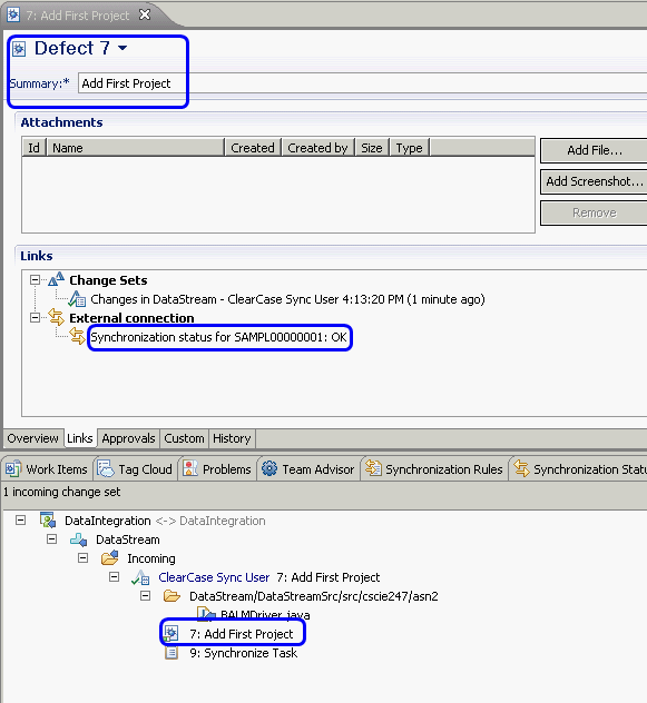 Figure 5: Change Set-Work Item association created by ClearCase Connector