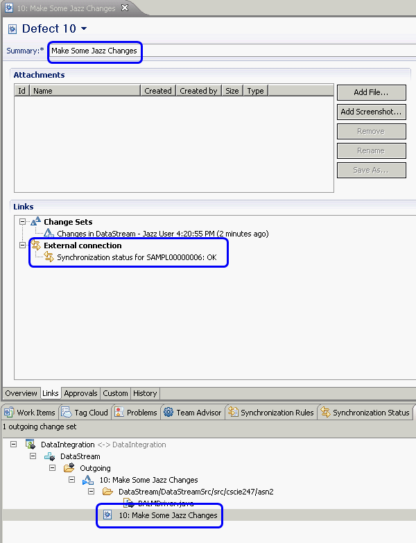 Figure 7: Change Set-Work Item association in Rational Team Concert for outgoing changes