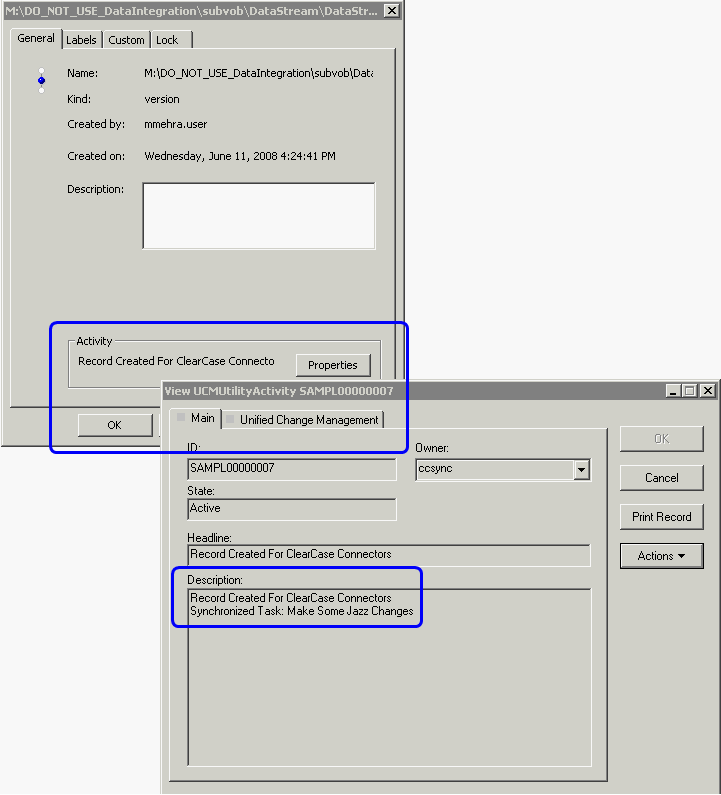 Figure 8: UCMUtilityActivity record in ClearQuest created by ClearCase Connector