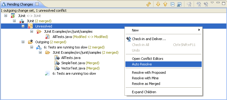 Auto Resolve merged two conflicts in the Pending Changes view