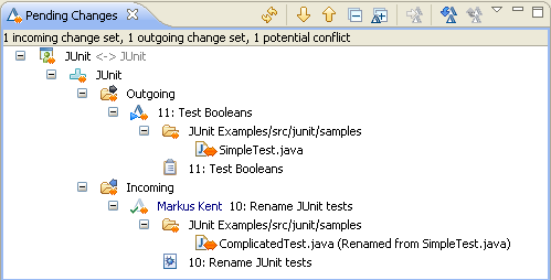 Pending Changes view shows potential conflict on file renamed by Markus and modified by Bill