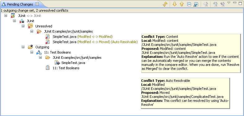 User can get detailed tool-tips by hovering on a conflict in the Pending Changes view