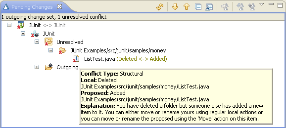 Pending Changes view shows a structural conflict