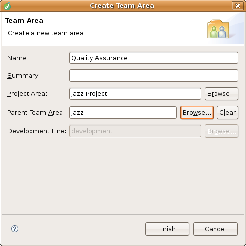 Create team area dialog