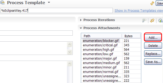 Process Attachments section of editor with Add button highlighted