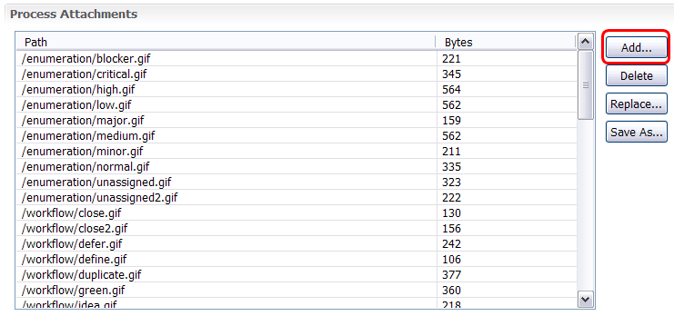 Process Attachments section of editor with Add button highlighted