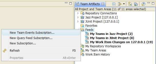 Feeds in Team Artifacts view