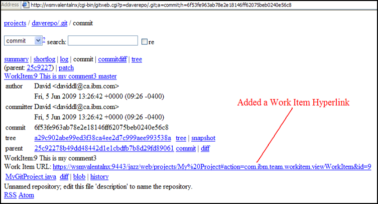 Gitweb Showing a Work Item Link