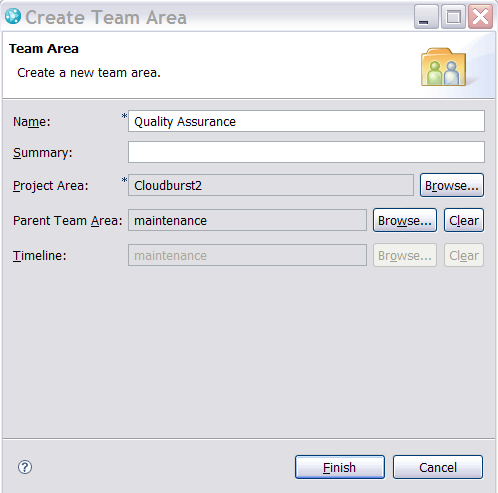 Create team area dialog