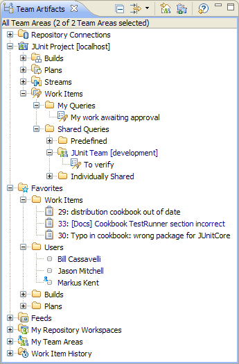 Team Artifacts view showing predefined Work Item queries