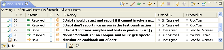 Work Item view showing the filter field