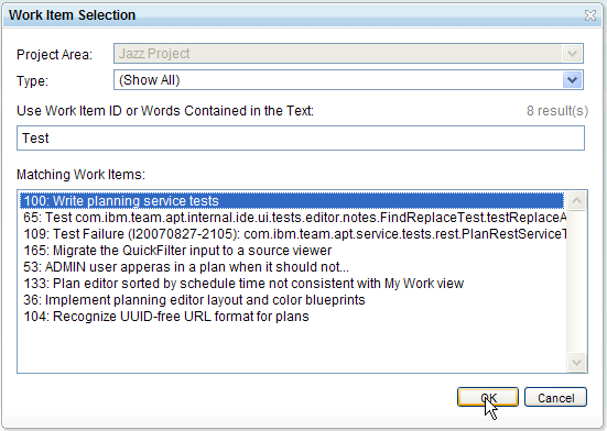 OSLC selection dialog offered by RTC