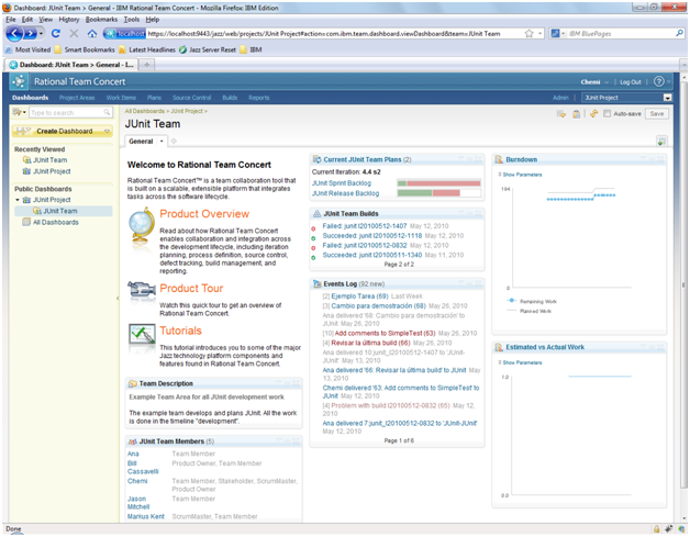 Figure 19.- Example of a Dashboard showing Build history and Event log viewlets