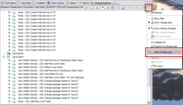 Finding the Save Change Log Menu in Change Explorer