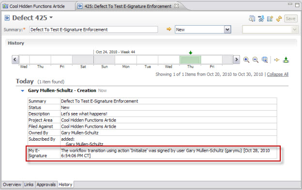 History Tab After Entering E-Signature