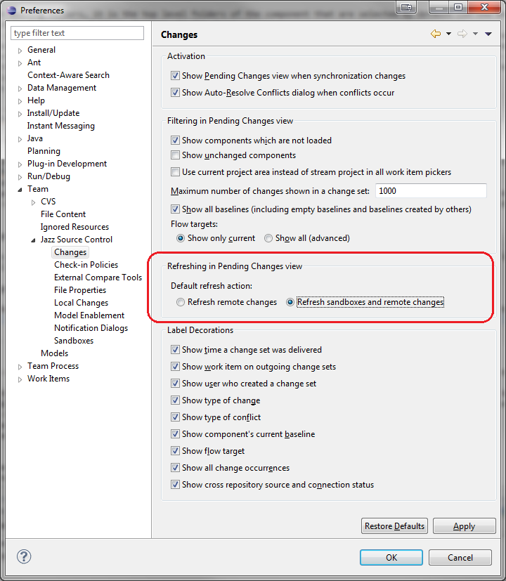 Setting the default refresh action preference option