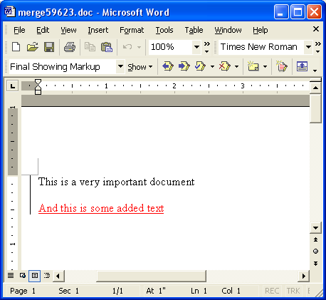 A Word document comparison appearing n a separate window