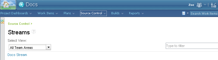 Browsing all streams in a project in the Source Control Web UI