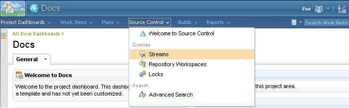 Source Control menu in the Source Control Web UI