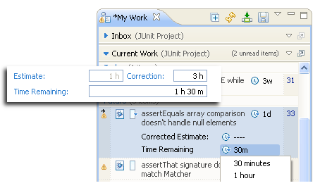 My Work view and Work Item editor showing the time remaining attribute