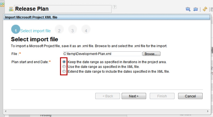 Import project plan data  - select file and dates