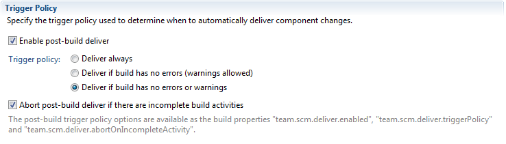 The Post-build Deliver Trigger Policy Section in RTC 4.0.