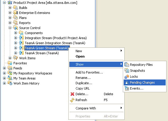 Selecting the "Show" --> "Pending Changes" context menu.” />  <br/>Figure 7: Selecting the "Show" –> "Pending Changes" context menu. </p>    <p>Continuing with the example, Figure 8 below shows what the “TeamA Green Stream” looks like in the Pending  Changes view. We can see that the stream node is no different than a repository workspace node in that it shows both  Outgoing and Incoming changes. In this example, the “TeamA Green Stream” flows with the “Integration Stream” (i.e.   in the Stream editor for “TeamA Green Stream”, there is one flow entry, set as current and pointing to the “Integration Stream”).  The context menu action of “Show” –> “Pending Changes”, when used on a stream node, uses the current flow target of the selected  stream, which must be defined through the Stream editor.</p>    <p align=