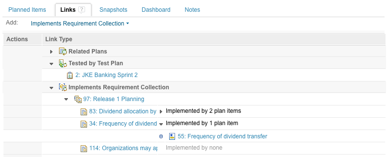 Tracking requirements and implementing plan items in the plan links tab