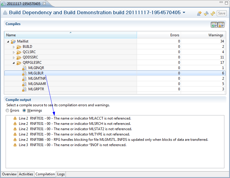 Build results Compilation tab