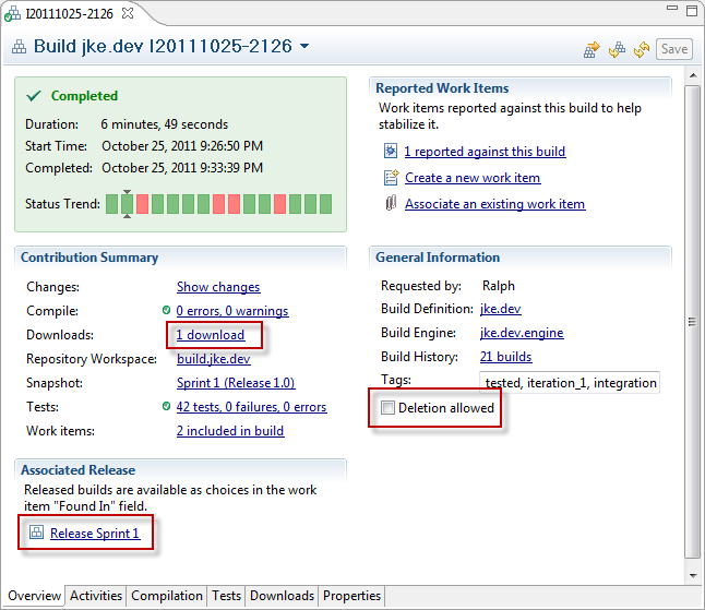 RTC build result with attached download file