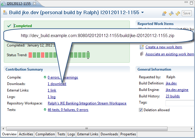 Build result with link to build output