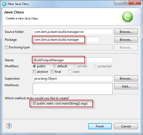 Create the new Class com.ibm.js.team.build.manager.BuildOutputManager