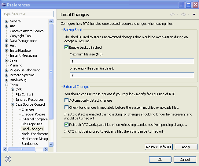 Backup shed preferences