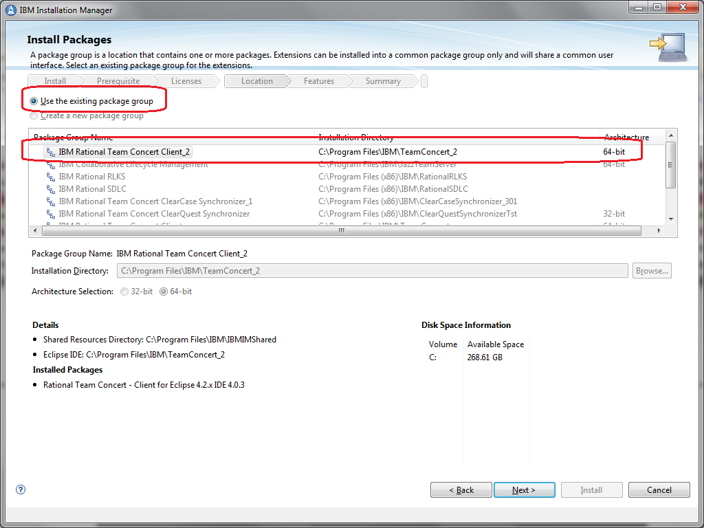 Install to existing package group