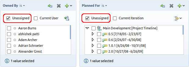 A query with the Owned By or Planned For attribute using the 'Unassigned' value