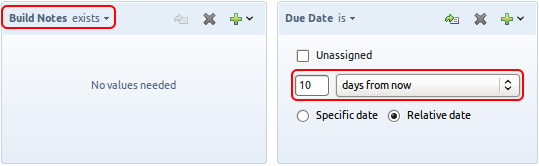 Find all work items that have a custom attribute called Build Notes and whose Due Date is ten days from now