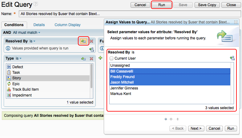 Running a parametrized query on Resolved By and Fulltext in the Web UI