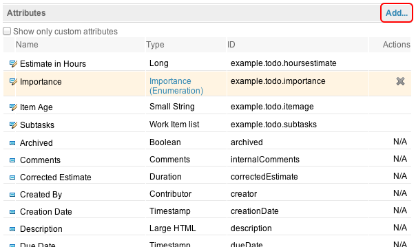 Web UI for configuring attributes on a work item type