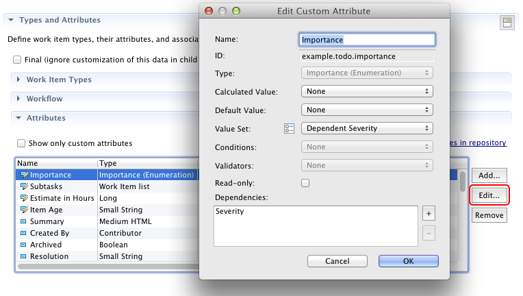 Modify a work item attribute in the Eclipse UI
