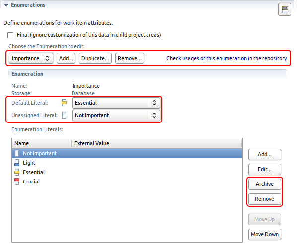 The Eclipse UI for configuring custom enumeration types showing the Importance enumeration