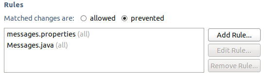 The Restrict Changes by Item Name precondition configured to protect i18n files