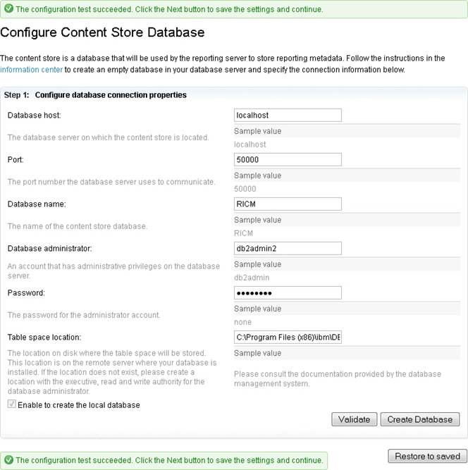 Configure content store database page.