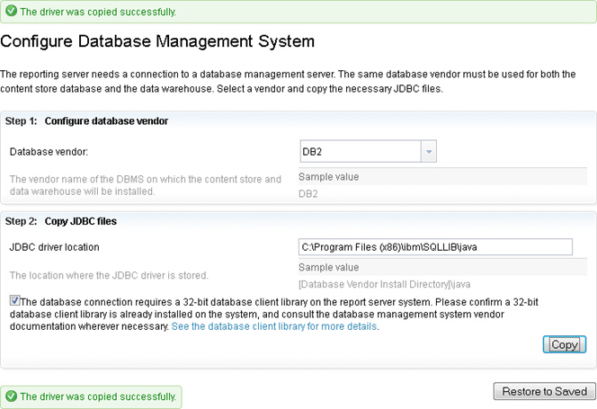 Configure database management system page.
