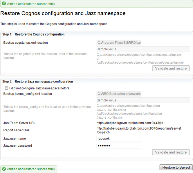 Restore Cognos configuration and Jazz namespace page.